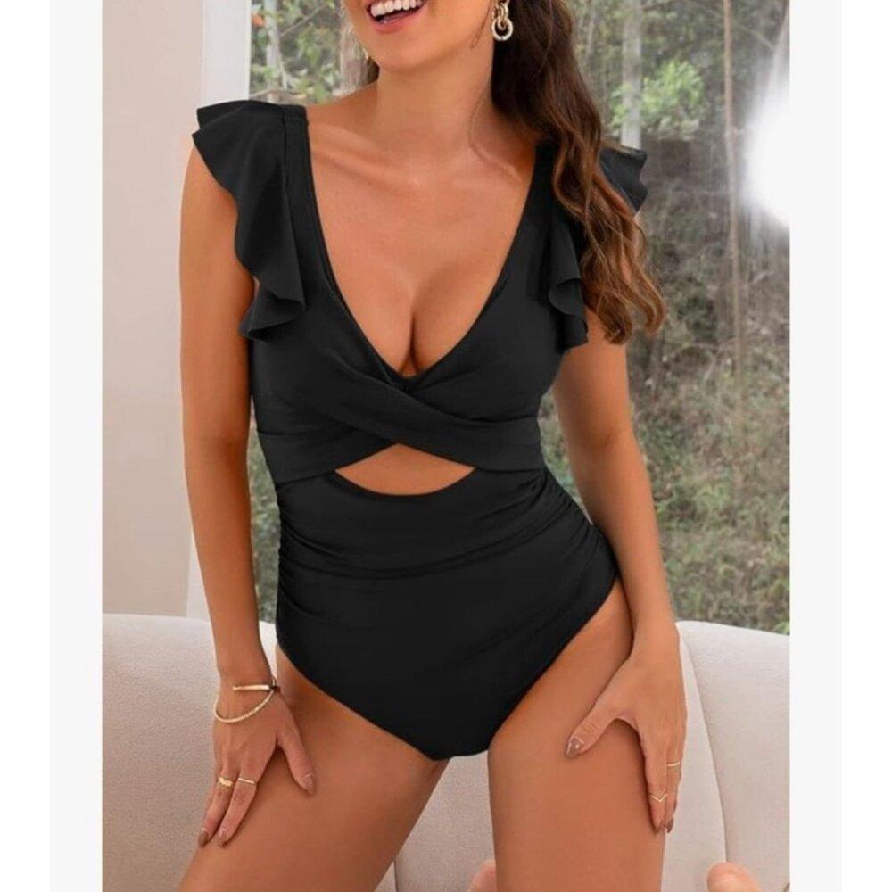 B2prity Womens Ribbed One Piece Swimsuit Ruffle Cutout Wrap Size 2XL Black